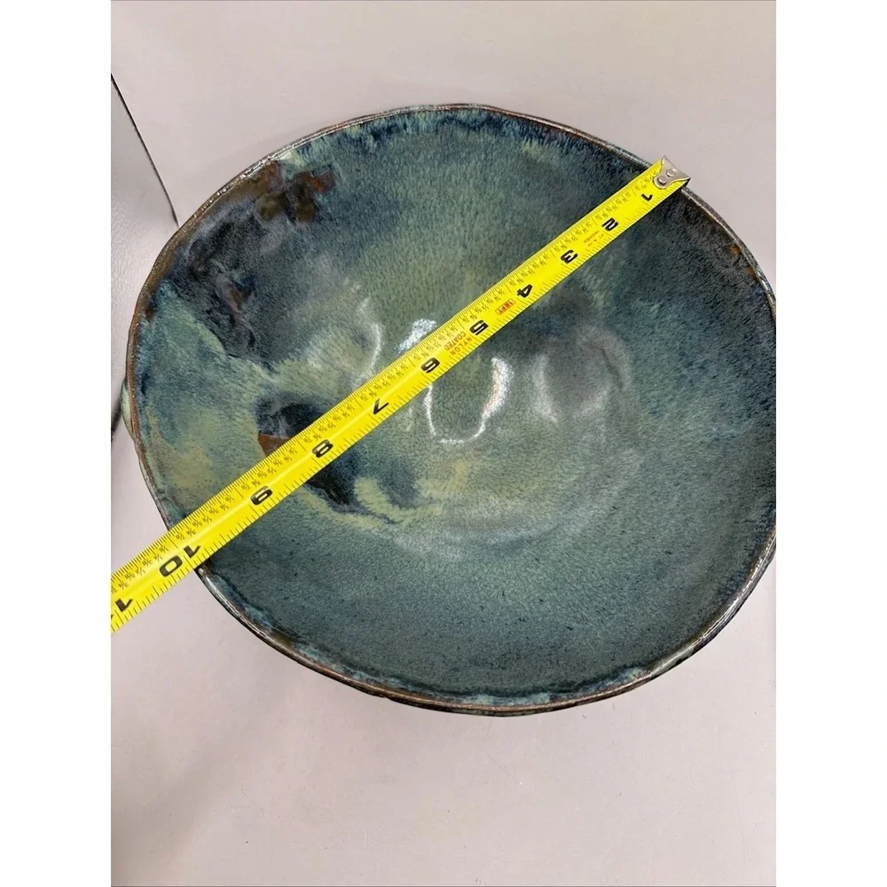 Hand Made Pottery Bowl, JS Signed Blue Green Color Textured Abstract 10